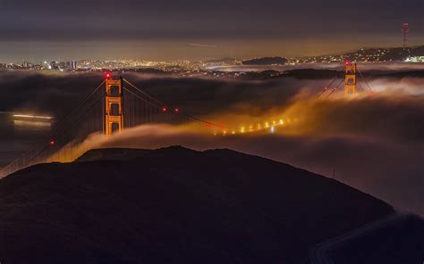 Golden Gate Bridge Bridge San Francisco Fog Mist Night Lights HD wallpaper | nature and ...