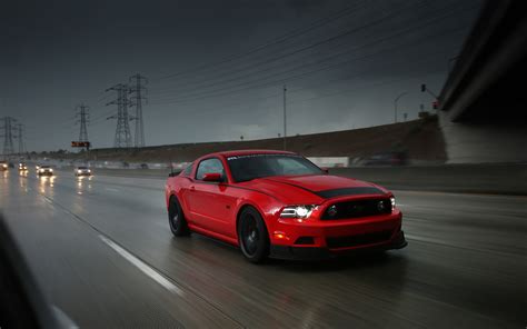 Download wallpaper for 1366x768 resolution | Ford Mustang RTR red supercar, highway, speed, rain ...