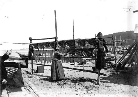 Makah woman and fish drying on a rack, Neah Bay, ca. 1900, UW Library ...