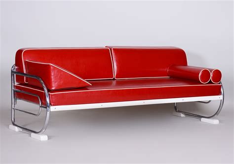 Bauhaus Red Tubular Chromed Steel Sofa by Robert Slezák, Design by Thonet, 1930s | #129380