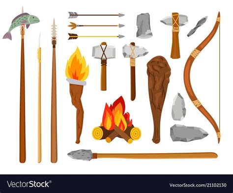 Cartoon stone age tools. Primitive caveman elements isolated on white ...