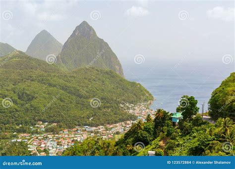 Iconic View of Piton Mountains Stock Photo - Image of exotic, saint ...