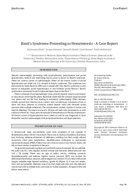 (PDF) Banti’s Syndrome Presenting as Hematemesis - A Case Report ...