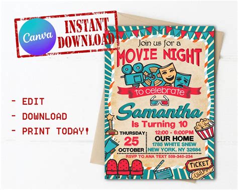 Instant Download Movie Night Invitation, Movie Theater Invitation ...