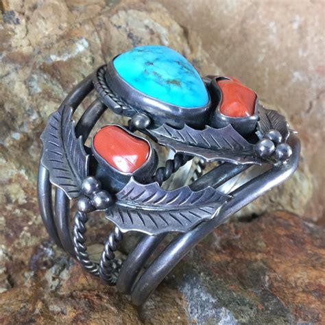 Vintage Turquoise & Coral Silver Bracelet - Estate Jewelry