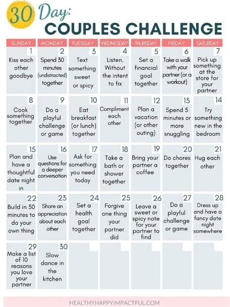 50 Fun Challenges for Couples (+ Free Love Calendar Printable) | Romantic date night ideas ...