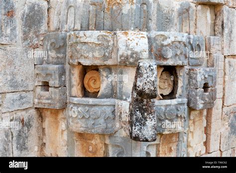 Mayan Rain God Chaac - close up of a sculpture of Chaac; Uxmal Mexico UNESCO world heritage site ...