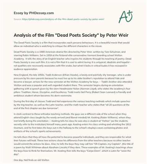 Analysis of the Film "Dead Poets Society" by Peter Weir - PHDessay.com