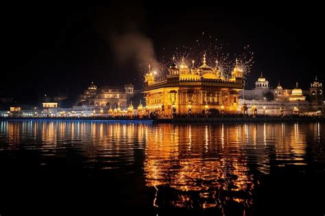 Premium AI Image | Golden temple consecrated by fireworks