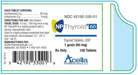 NP Thyroid 60 mg (1 grain) 100 Tablets Per Bottle, NDC # 42192-330-01 ...