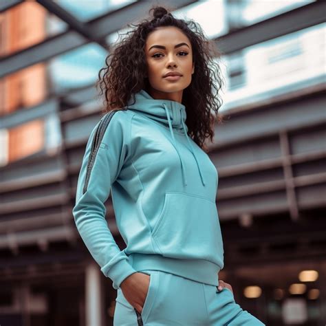 Premium AI Image | a woman wearing a blue outfit with a black belt and a blue shirt.