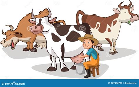 Cartoon Farmer Milking Cow. Stock Vector - Illustration of riding, milker: 267406708