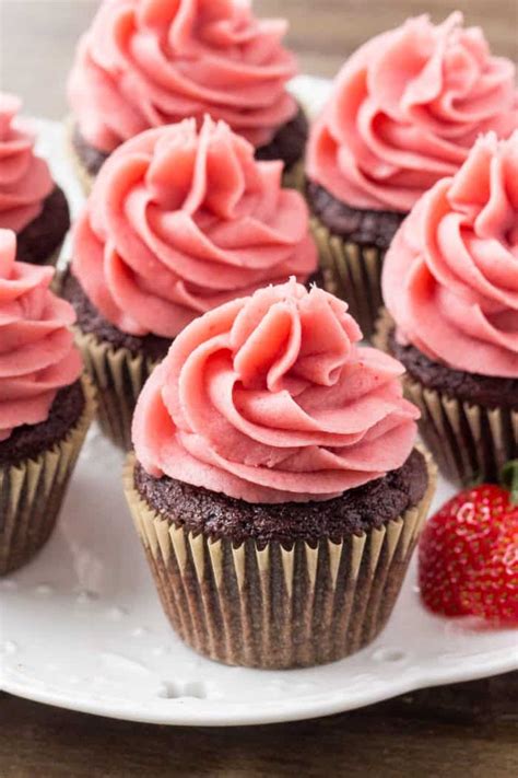 Chocolate Cupcakes with Strawberry Frosting - Oh Sweet Basil