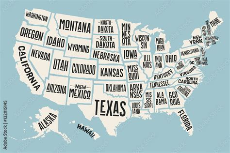 Vecteur Stock Poster map of United States of America with state names ...