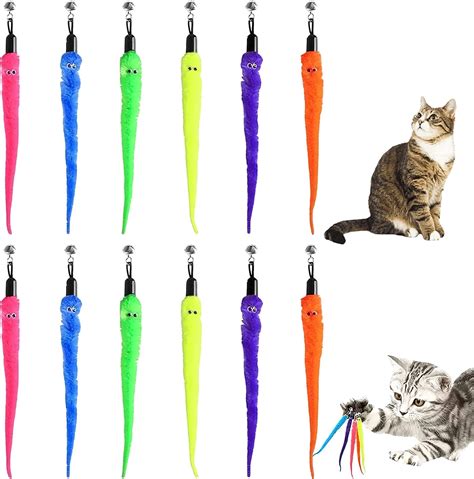 Fongwan 12pcs Cat Teaser Wand Toy Refills, Indoor Cat Worm Toy ...