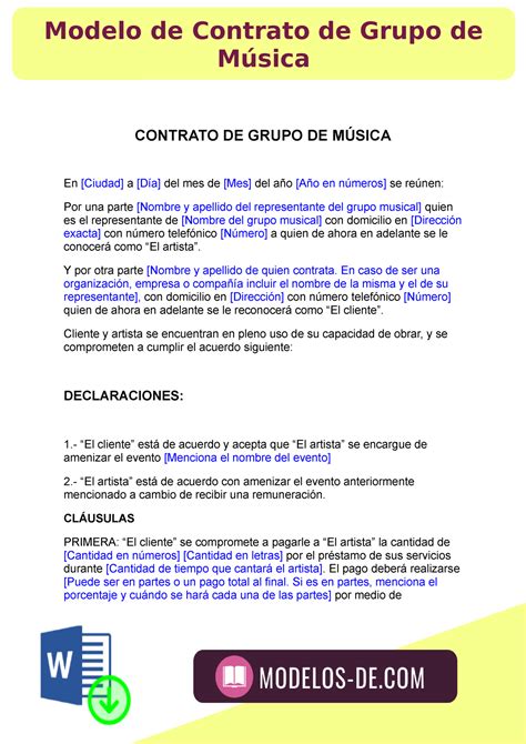 Modelo de Contrato de Grupo musical - CONTRATO DE GRUPO DE MÚSICA En [Ciudad] a [Día] del mes de ...