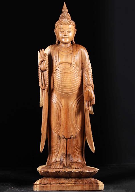 SOLD Wood Standing Buddha Statue with Mala Beads 65" (#97bw17): Lotus ...