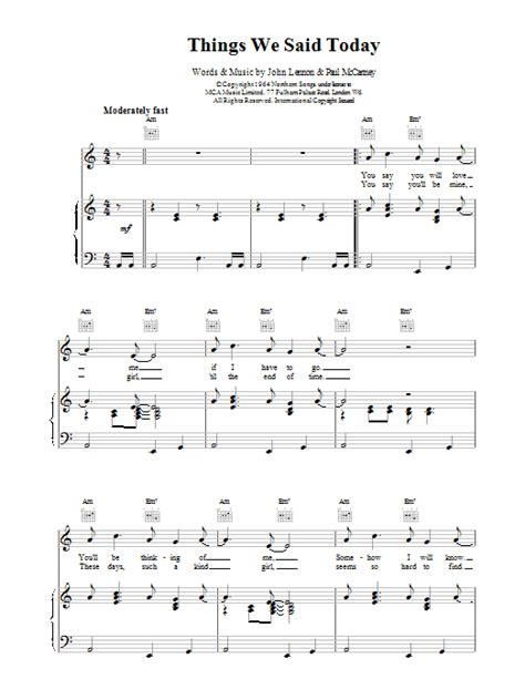 Things We Said Today by The Beatles Sheet Music for Piano, Vocal ...