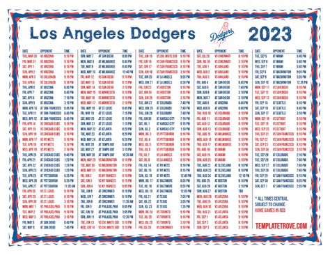 Printable 2023 Los Angeles Dodgers Schedule