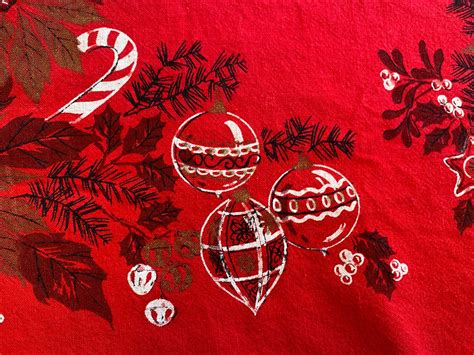 Vintage Christmas Tablecloth Red Poinsettia Ornaments - Etsy