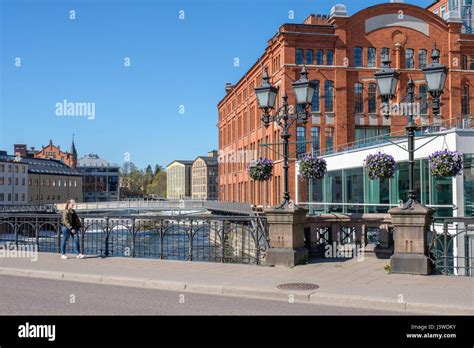 Motala river and the industrial landscape in Norrkoping. Norrkoping is a historic industrial ...