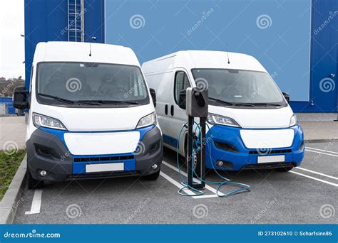 Electric Delivery Vans with Electric Vehicles Charging Station. Stock ...