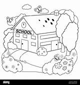 School Building Black And White Coloring Page Stock Photo  Alamy sketch template