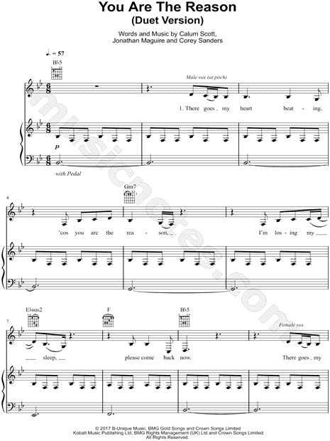 Calum Scott & Leona Lewis "You Are the Reason (Duet Version)" Sheet Music in Bb Major ...