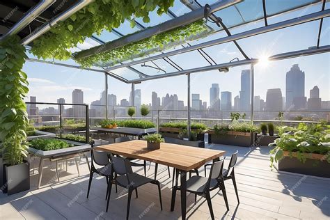 Premium Photo | Rooftop terrace with a rooftop greenhouse hydroponic garden and outdoor seating ...