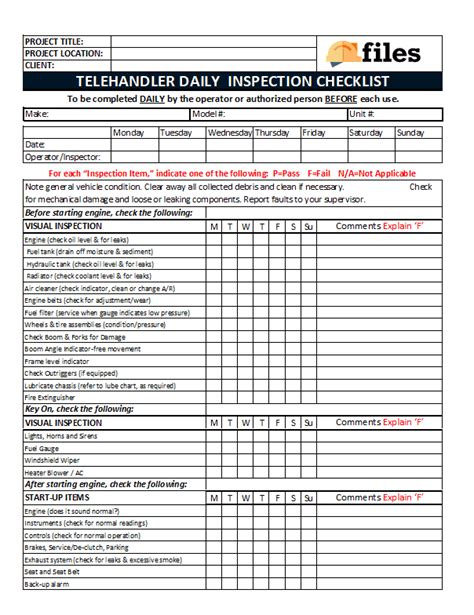 Telehandler Daily Inspection Checklist - Construction Documents And Templates