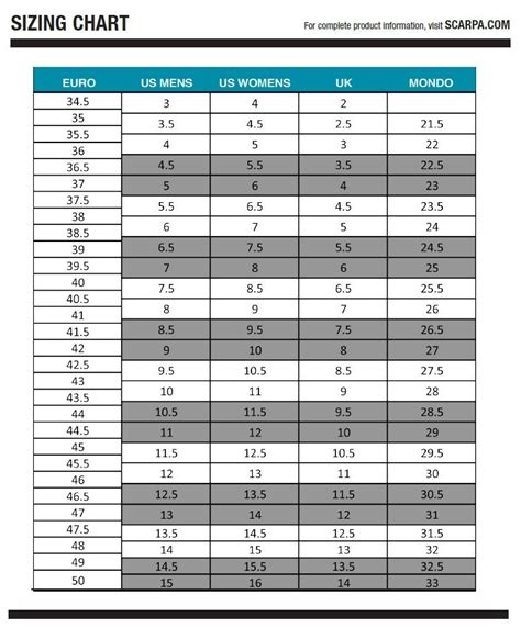 Xc Ski Boot Size Chart