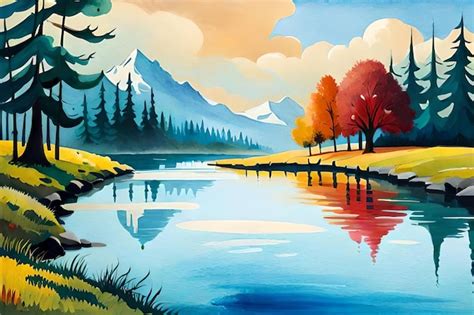 Premium AI Image | A painting of a lake with mountains in the background.