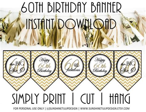 Printable 60th Birthday Banner 60th Gold and Black Chevron