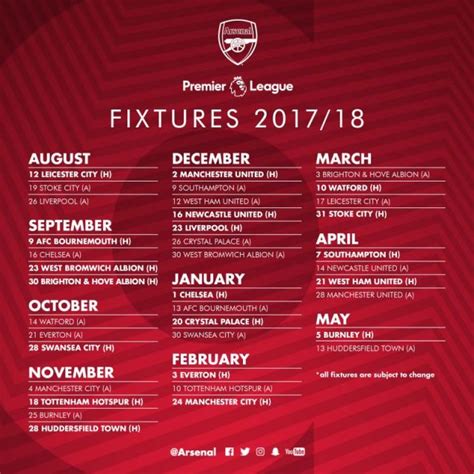 2017-18 Arsenal fixtures released by Premier League