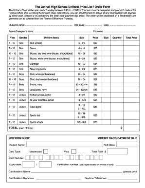 Fillable Online The Jannali High School Uniform Price List / Order Form Fax Email Print - pdfFiller