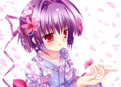 Purple short haired girl anime wearing kimono HD wallpaper | Wallpaper ...