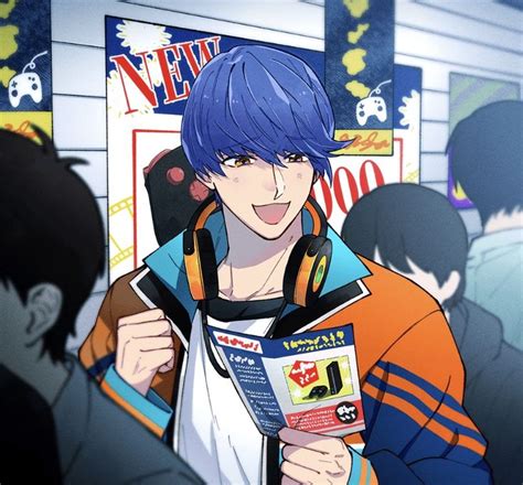 a man with blue hair is holding a book