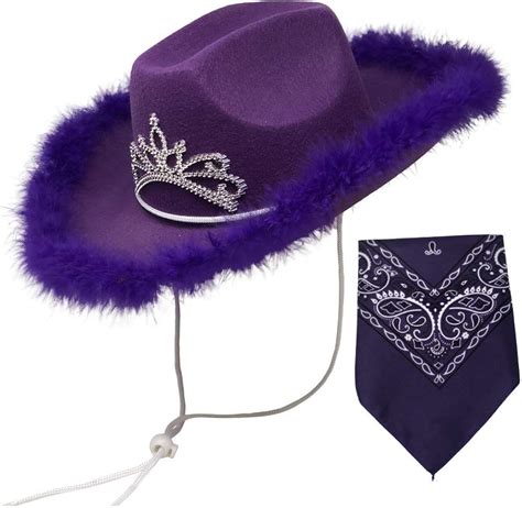 Amazon.com: Purple Cowboy Hat - Feather Boa Crown Tiera Cowgirl Hat with Purple Paisley Bandana ...