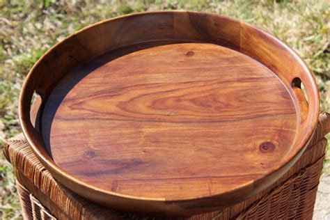 Large Round Walnut Serving Tray Handmade Vintage with | Etsy