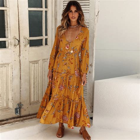 2018 Spring Autumn Maxi Dress V Neck Button down Boho Chic Women Dresses Long Sleeve Floral ...