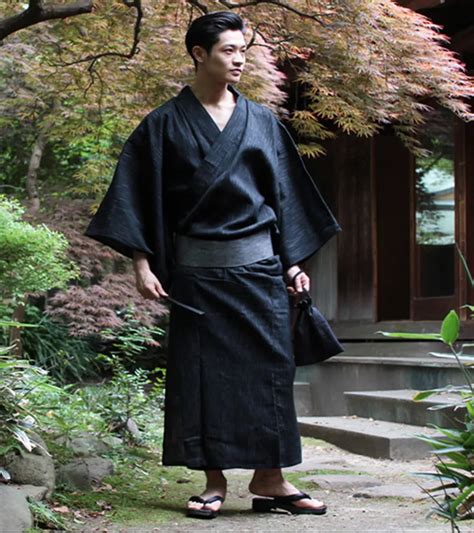 Male Cool Traditional Japanese Kimono Men Cotton Robe Yukata Men's Bath Robe Kimono with Belt ...