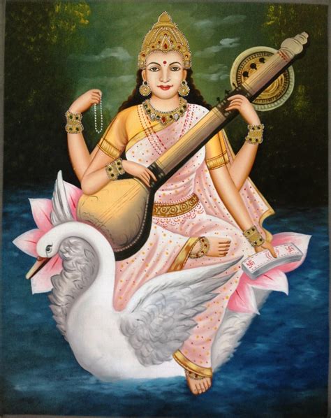 Hindu Goddess Saraswati Painting Handmade Indian Religious Oil on Canvas Artwork