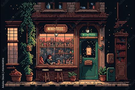 Pixel art coffee shop in park with trees, facade of old coffee shop, background in retro style ...