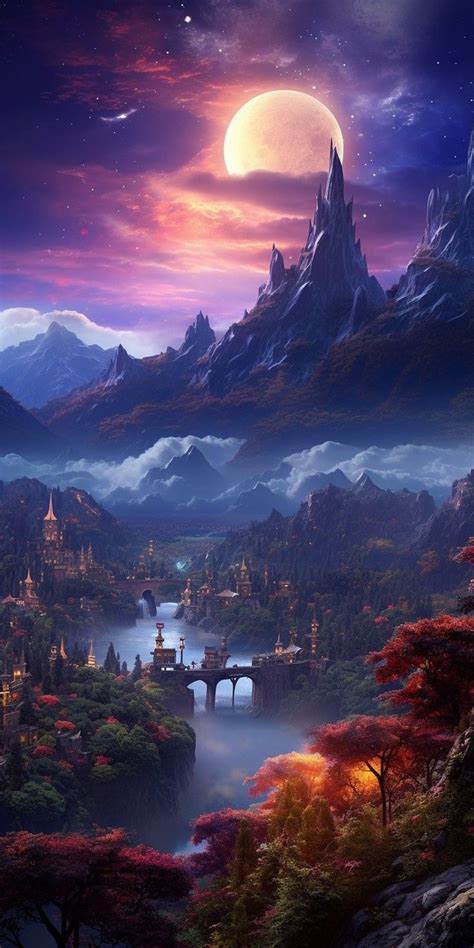 an image of a fantasy landscape with mountains and trees in the foreground at night