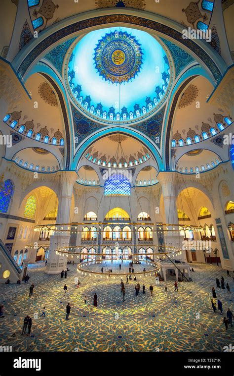 Istanbul, Turkey - Inside interior and dome of Camlica Mosque. The new mosque and the biggest in ...