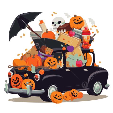 Halloween Trunk Or Treat Vector, Sticker Clipart Realistic Halloween Car With Halloween Pumpkins ...