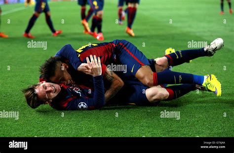 Barcelona's Neymar and Lionel Messi celebrates the third goal Stock ...