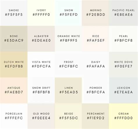 86 Shades of White Color with Names, Hex, RGB, and CMYK