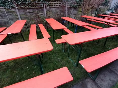 Vintage folding German beer garden 2.2. metre orange trestle table and bench patio set. | in ...