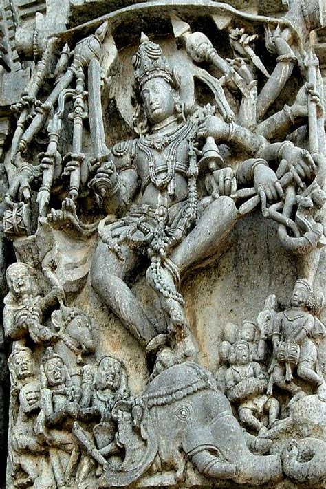 Hoysala sculpture of Shiva dancing on a demon elephant representing illusion. Chennakesava ...